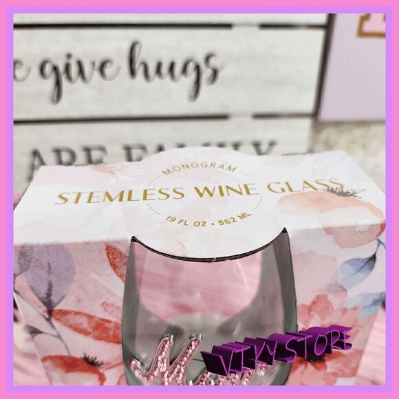 NWT Stemless Wine Glass Monogram "MOM" Bling Logo NWT - Picture 2 of 4